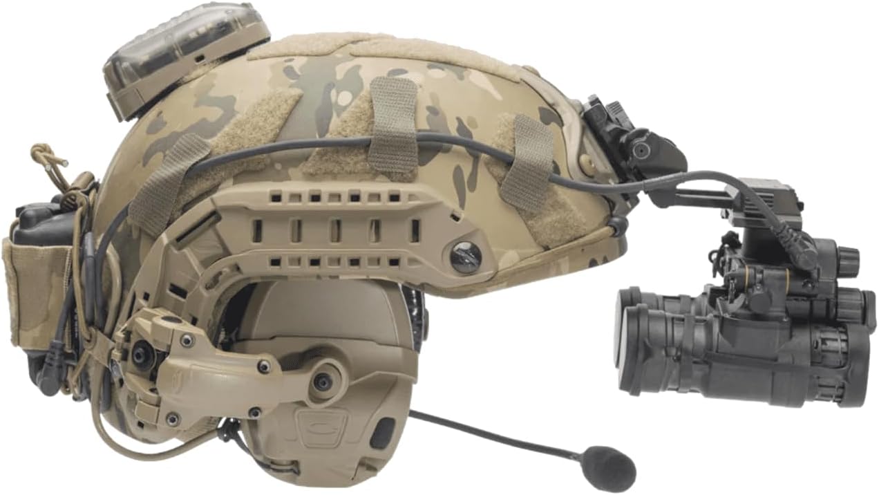 Tan Tactical Hook & Loop Cable Management attached to a helmet.