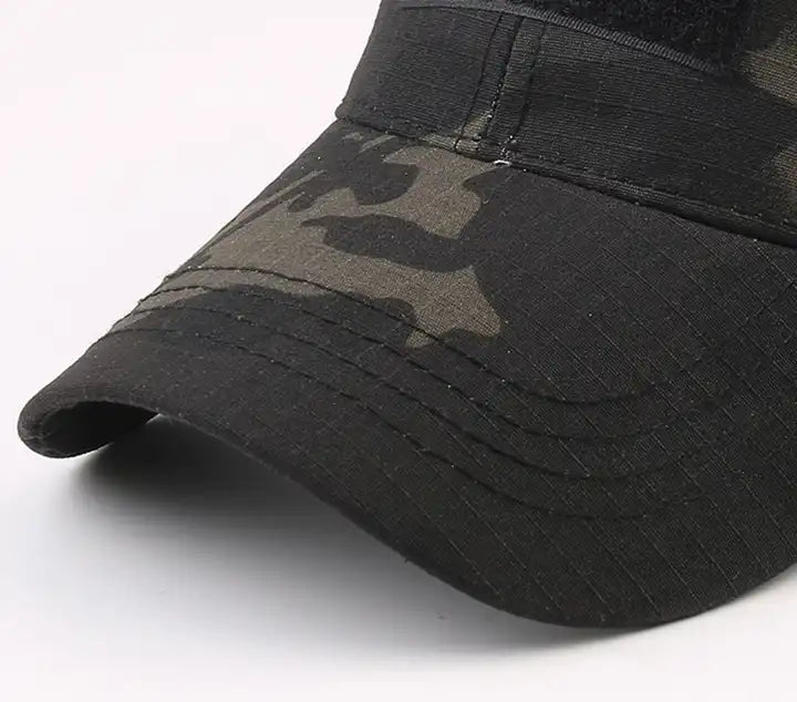 Close-up of Punisher Skull Operator Cap by Bifrost Gear.