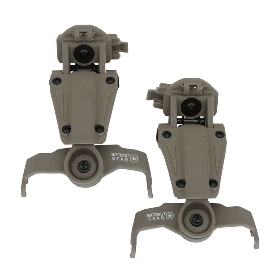 Close-up of COM-RAC AMP arm adapters designed for Howard Leight earmuffs by Bifrost Gear