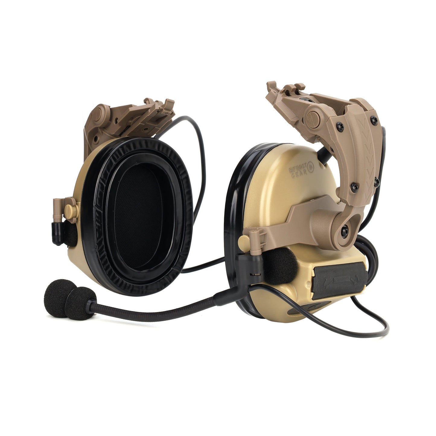 Valhalla NRR 23dB Electronic Hearing Protection Headset by Bifrost Gear in Tan, with Helmet Rail Adapters.