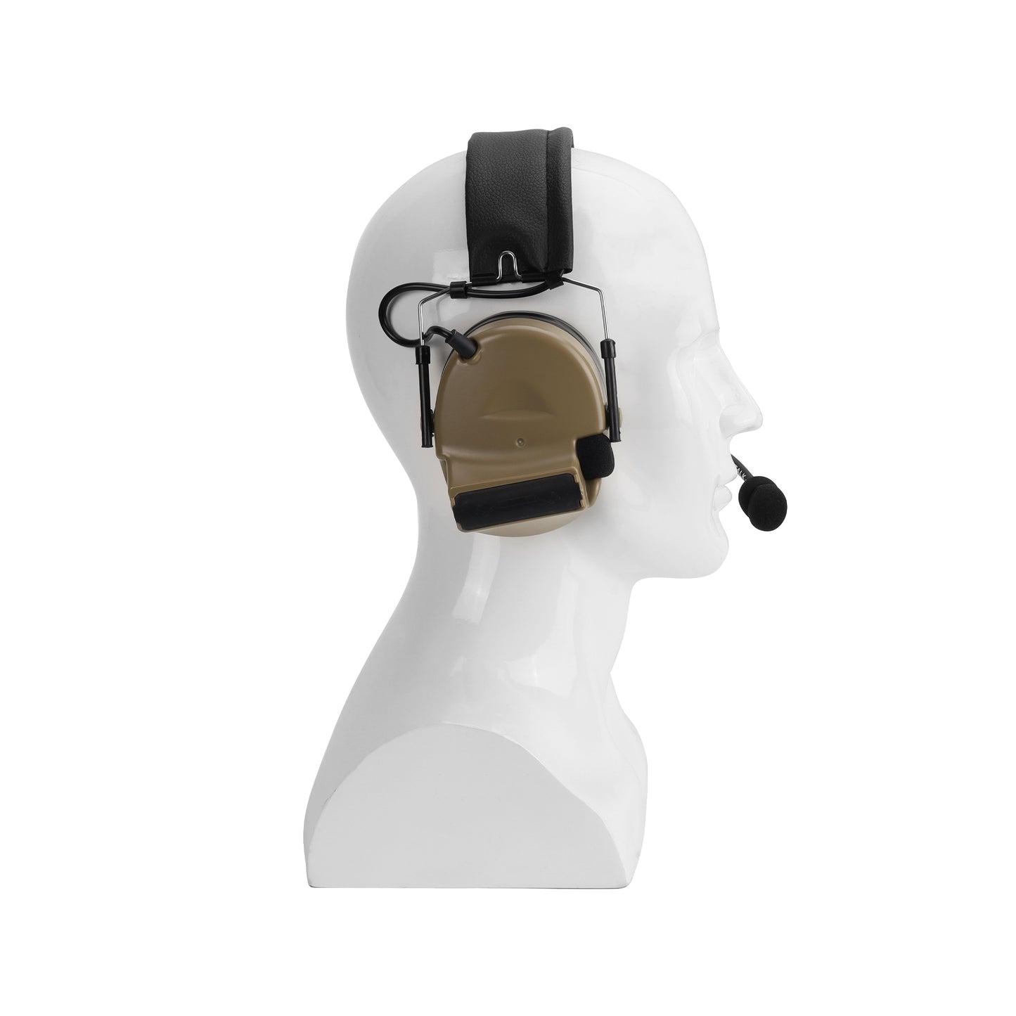 Tan Valhalla NRR 23db Electronic Hearing Protection Headset when worn.
