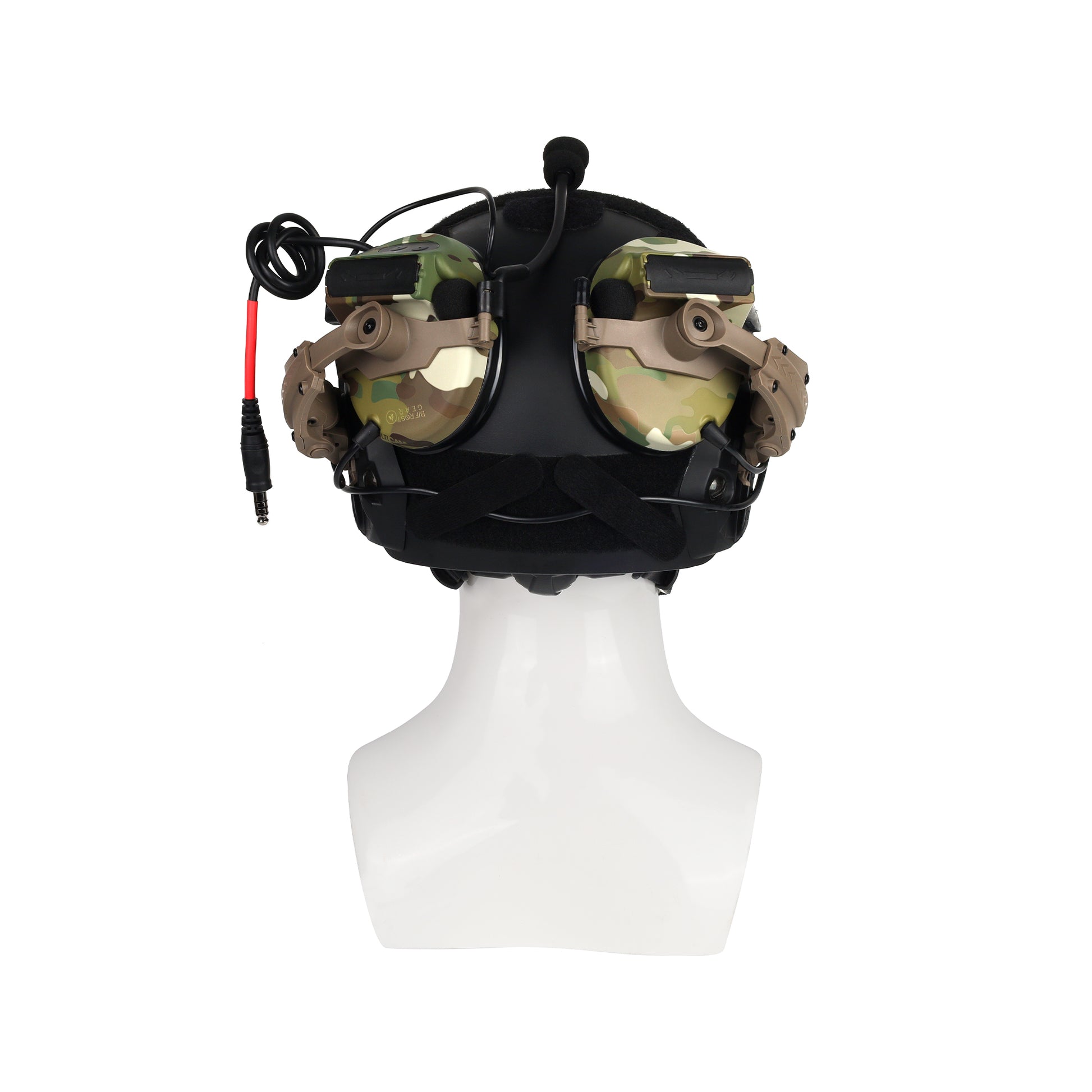 Bifrost Gear Valhalla NRR 23dB electronic hearing protection, MultiCam version, mounted on a helmet with Helmet Rail Adapters.
