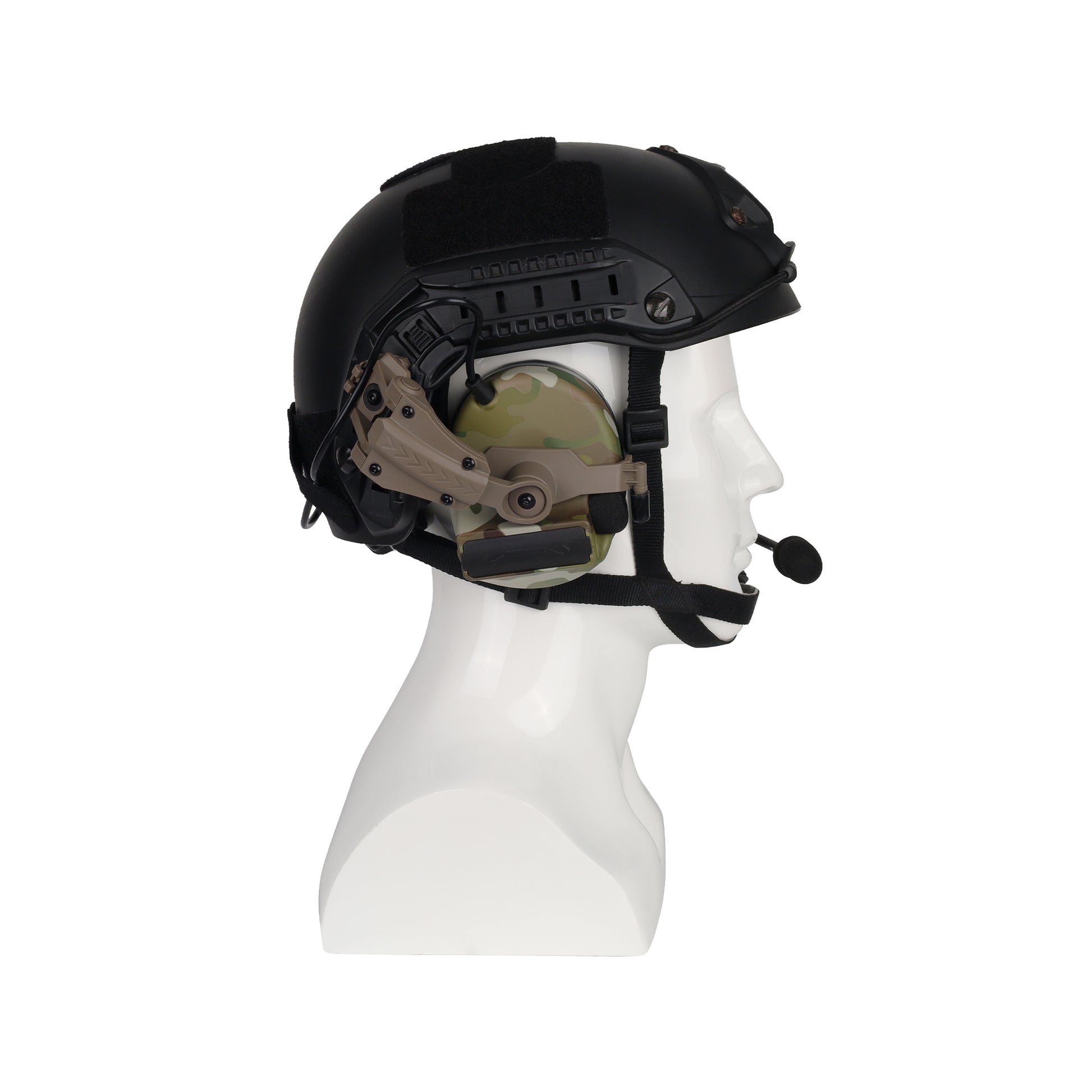 Bifrost Gear Valhalla NRR 23dB hearing protection headset in MultiCam, secured to a helmet with Helmet Rail Adapters.