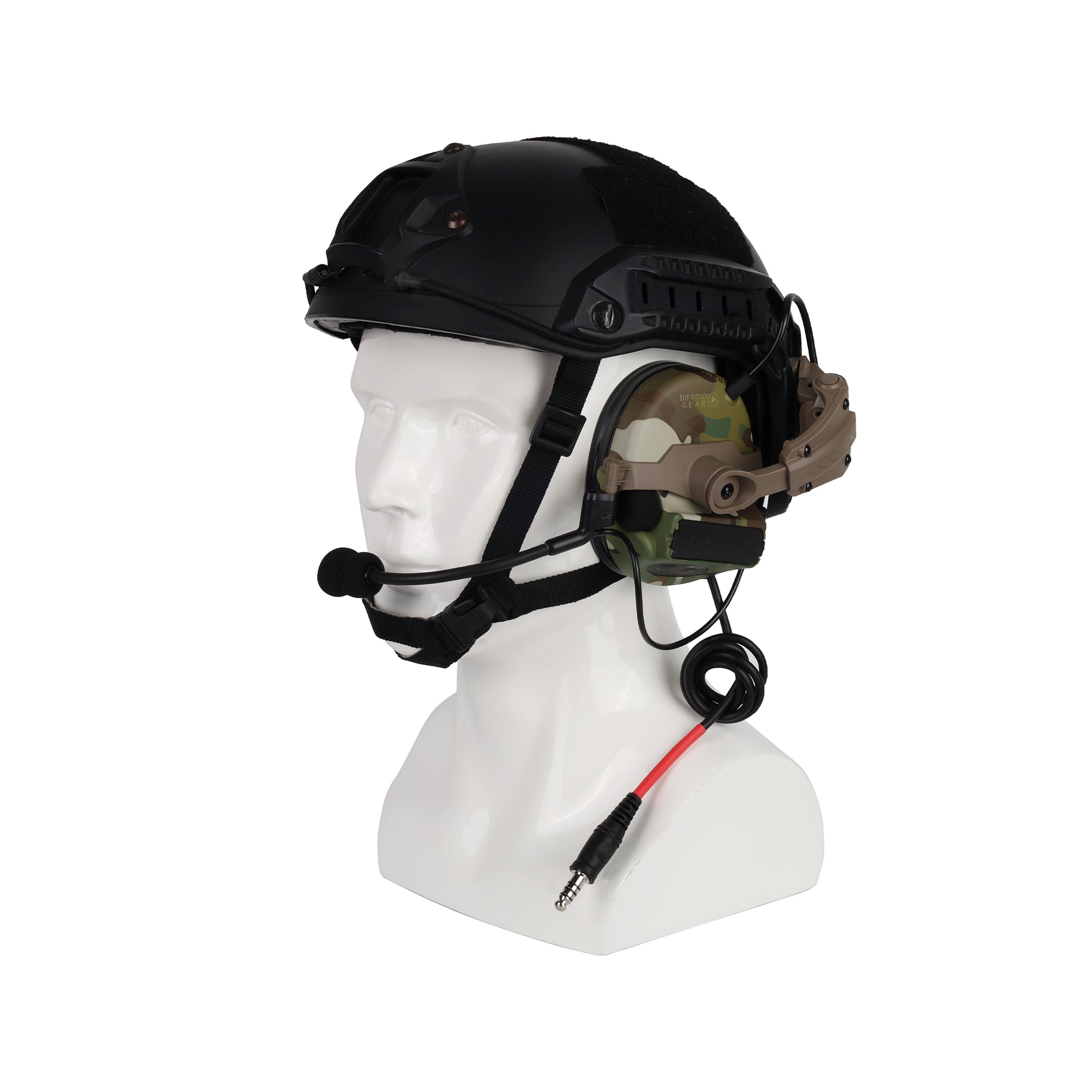 MultiCam Bifrost Gear Valhalla NRR 23dB electronic ear protection, attached to a helmet using Helmet Rail Adapters.
