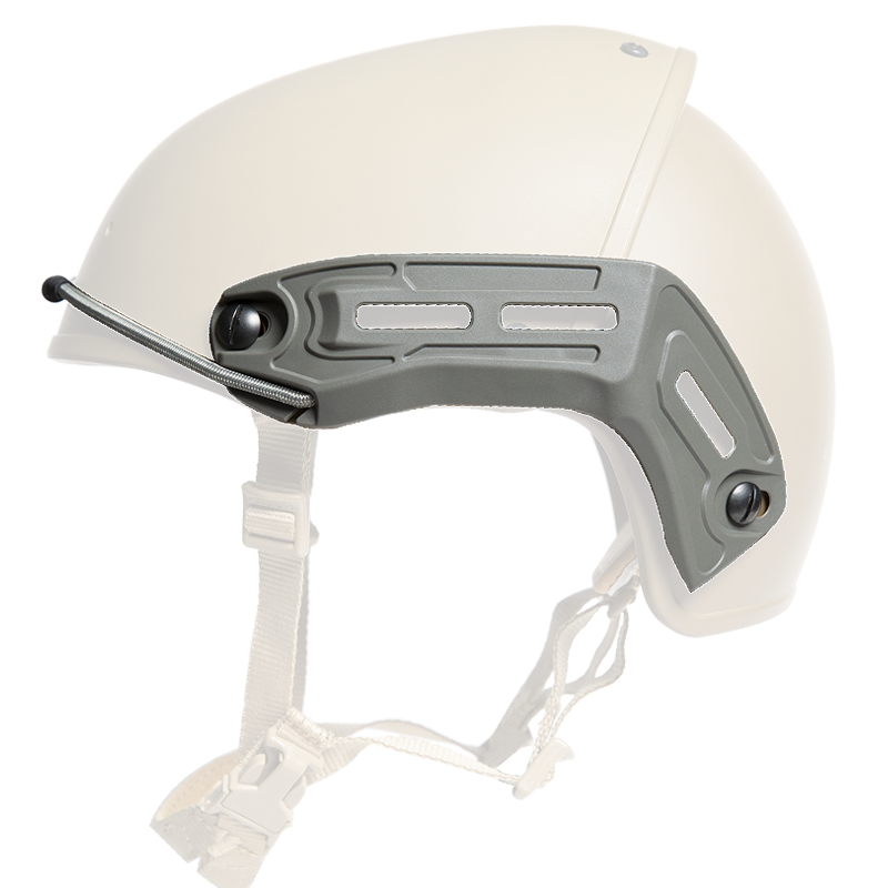 Foilage Green M-LOK Side Accessory Rails for Crye AirFrame Helmets, attached to a helmet.