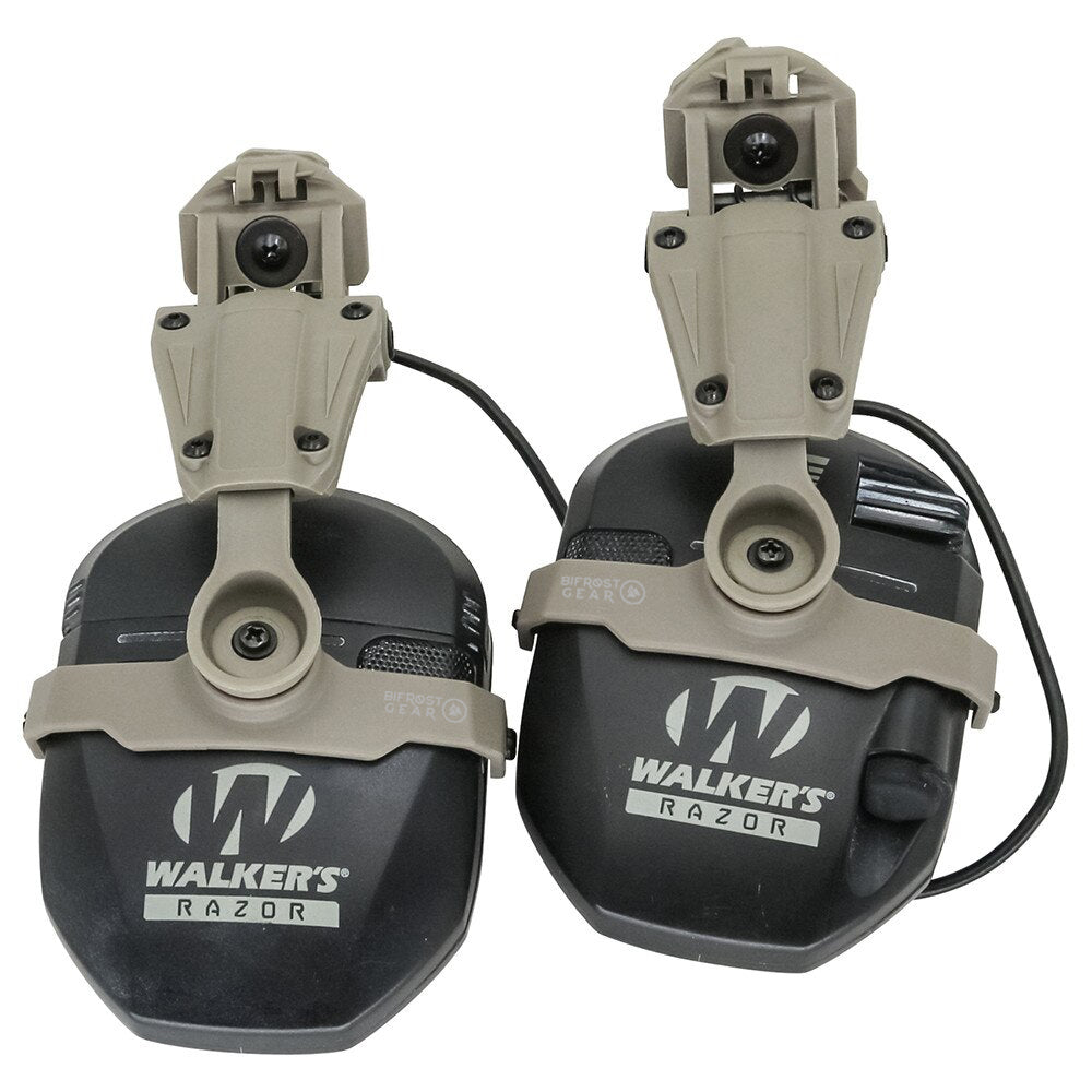 Tactical headset featuring black COM-RAC AMP Arm Adapters.