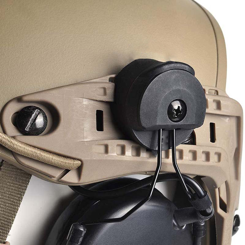 Crye AirFrame Helmet Rail Headset Adapter for Peltor Comtac in Tan Variant attached to a helmet.