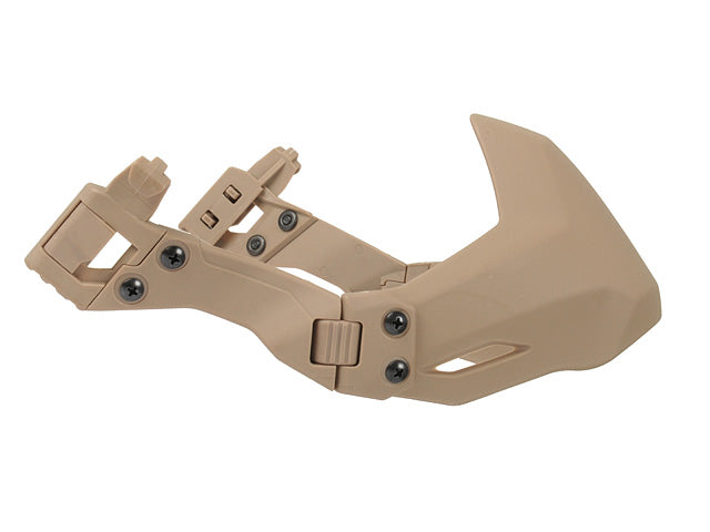 Tan rail mounted lower face shield attached to a helmet for maximum protection.