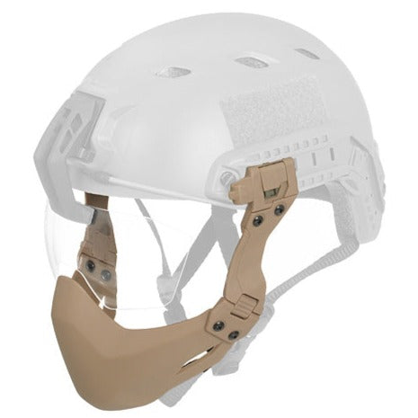 Tactical tan lower face shield mounted on a helmet rail for enhanced facial coverage.