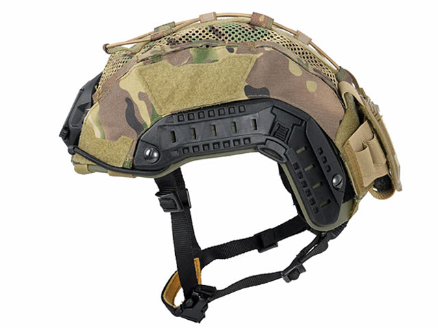 Next Gen Nylon Helmet Cover in Multicam by Bifrost Gear, securely attached to a helmet.