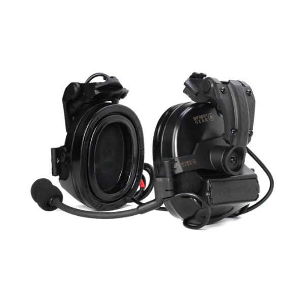Bifrost Gear Valhalla NRR 23dB tactical communication headset with dual mics and helmet rail adapters.